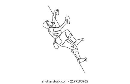 Continuous line of young active man climbing on cliff mountain