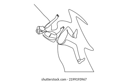 Continuous line of young active man climbing on cliff mountain