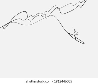 Continuous line, Young athletic surfer rides the ocean wave. Drawing of set Beach. (Vector illustration one line drawing)