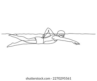 Continuous line young male swimming vector. One line draw graphic design vector illustration.