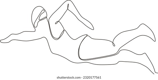 Continuous line young male swimming vector. One line draw graphic design vector illustration.