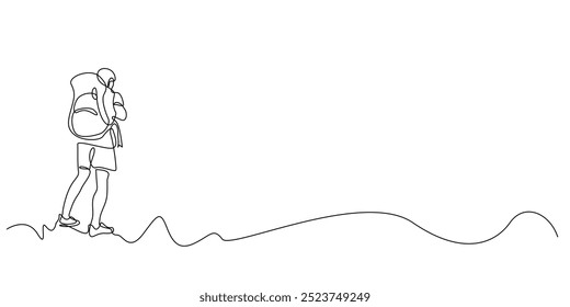 kontinuierliche Linie von jungen Mann mit Rucksack auf dem Rücken Vorbereitung auf die Natur zu erkunden.eine Linie Zeichnung von abenteuerlustigen Mann.freie Zeit.einzelne Linie Vektorgrafik.einzelne weiße Hintergrund