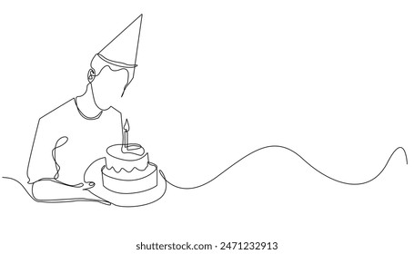 continuous line of young man and birthday cake.vector single line of man carrying cake and paper hat. birthday celebration one line vector concept. vector line birthday background