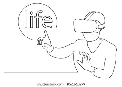 continuous line young man chooses word life in helmet of virtual reality. concept of preserving planet, world, environmental protection. drawing on a white background with black line. copy space.