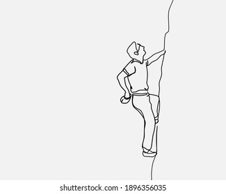 Continuous Line, Young Man Climbing On A Limestone Wall. Drawing Of Set Challenge. (Vector Illustration One Line Drawing)