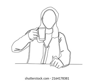 Continuous line of young man drinking coffee or beer cartoon vector.