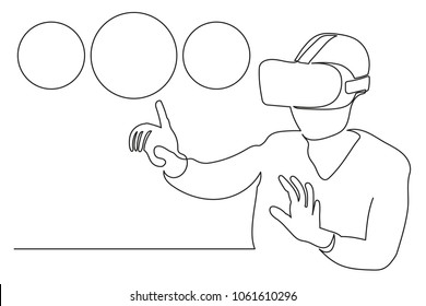continuous line young man in a helmet of virtual reality chooses goods in circles in an online store. the concept of remote realistic trading. A drawing on a white background with a black line.