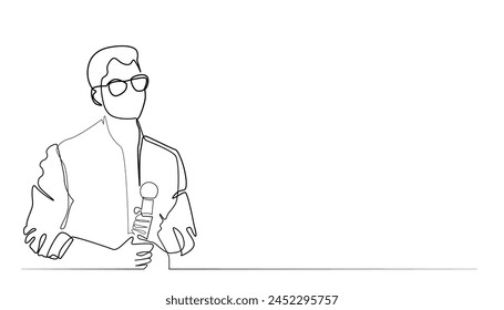 continuous line of young man holding a mic.professions presenter,journalist,singer,karaoke.single line vector illustration.isolated white background