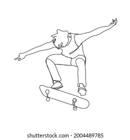 continuous line young man jumping skateboard
