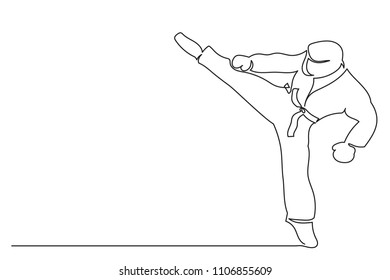 Continuous Line Of A Young Man In A Kimono Raises His Leg Up. The Concept Of Hand-to-hand Combat. Drawing From A Hand Line On A White Background. Black Belt