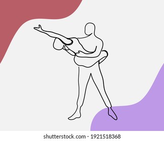 Continuous line, Young man lifting her dancing partner. Drawing of set Dance. (Vector illustration one line drawing)