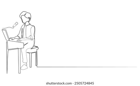 continuous line young man playing piano.one line drawing of young piano player.single line orchestra vector illustration.isolated white background