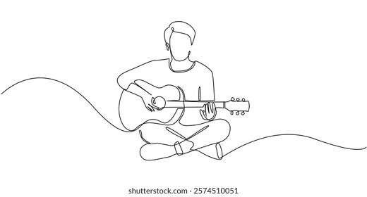 continuous line of young man playing guitar.one line drawing of man relaxing sitting on the floor and playing guitar.single line vector illustration of guitarist.isolated white background