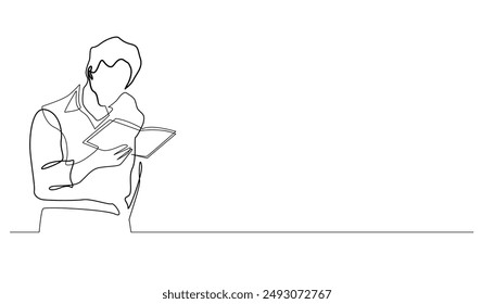 continuous line of young man reading a book.one line drawing reading a book seriously.single line vector illustration studying,reading news,reading a novel.isolated white background