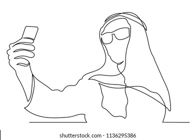 Continuous line a young man in sunglasses Arab photographs, makes selfies. Internet concept around the world.