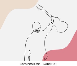 Continuous line, Young musician holding a guitar on sky. Drawing of set Music. (Vector illustration one line drawing)