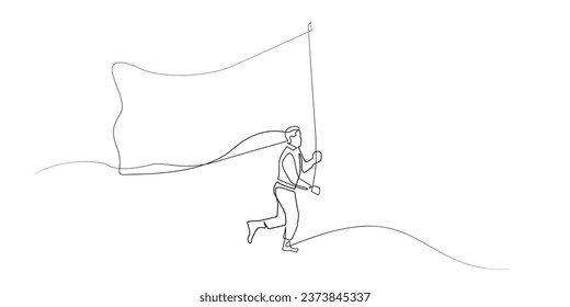 continuous line of young people running with flags. single line vector of person waving flag. statehood, love of the country, nationality