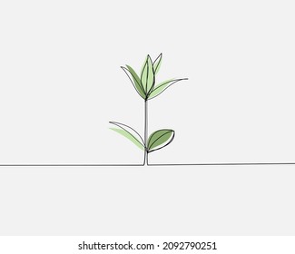 Continuous line, Young plant growing. Drawing of set Nature. (Vector illustration one line drawing)
