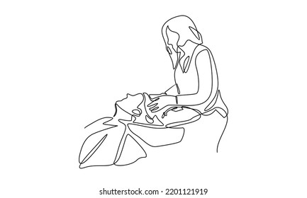 continuous line of young relaxed woman washing hair in hair salon