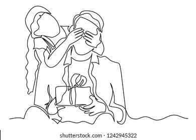 Continuous line of a young woman, girl, daughter closes the eyes of a young man with his hands, who holds a gift. The concept of celebration, father's day, congratulations on the new year, birthday