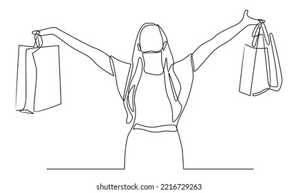 continuous line of young woman holding paper bags