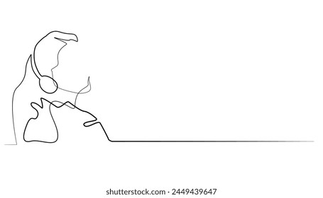 continuous line of young woman listening to music with headphones.single line vector eps 10