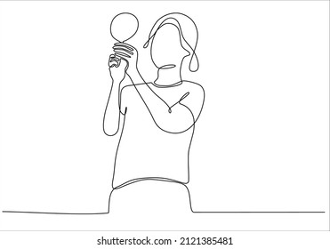 
continuous line Young woman looking in the mirror at home vector illustration