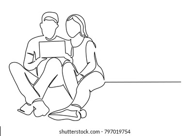 continuous line a young woman and a man are sitting and holding a tablet. They look at photos, work, discuss. Drawing line by hand on a white background.