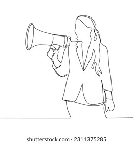 continuous line Young woman with megaphone
