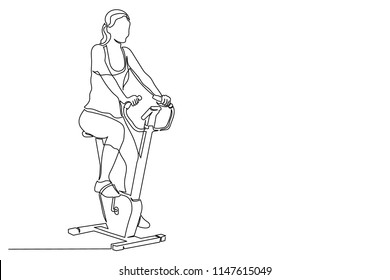 Continuous Line Of Young Woman On An Exercise Bike Twists The Pedals. Concept Of Exercising In Gyms, Healthy Lifestyle, Beautiful Body. Drawing Of Thin Black Line On White Background. Sports At Home.