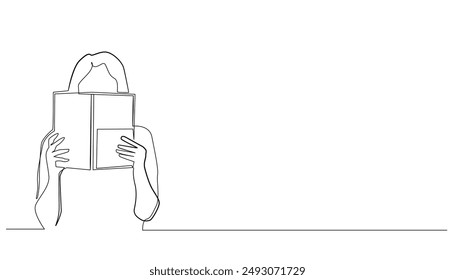 continuous line of young woman reading a magazine.one line drawing reading a book and covering her face.single line vector illustration covering her face with a book.isolated white background