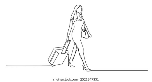 linha contínua jovem mulher com trolley bag.one desenho de linha de mulher bonita viajando.single linha vetor ilustration.isolado fundo branco