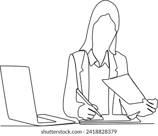 continuous line of young woman working in the office