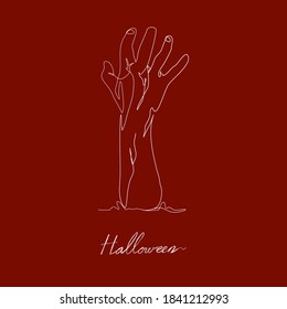 Continuous line, Zombie hand rising out of a grave. Drawing of set Holiday. (Vector illustration one line drawing)