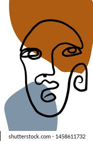 Continuous linear abstract face drawing on abstract background. Minimalist graphic trendy art. Contemporary composition. Design for poster, wall art, card, print. Simple black and white vector. 