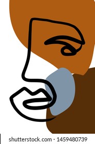 Continuous linear abstract face drawing on abstract background. Minimalist graphic trendy art. Contemporary composition. Design for poster, wall art, card, print. Simple black and white vector. 