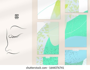 Continuous linear abstract face drawing on abstract background. Contemporary composition. Modern art, print or poster mock up with shadow overlay. Natural color textured with spots and lines.