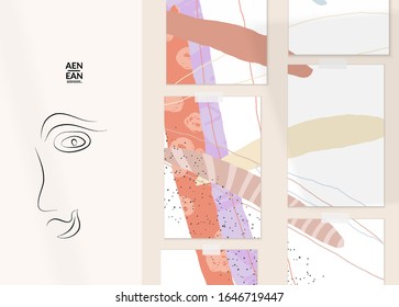 Continuous linear abstract face drawing on abstract background. Contemporary composition. Modern art, print or poster mock up with shadow overlay. Natural color textured with spots and lines.