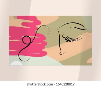 Continuous linear abstract face drawing on abstract background. Contemporary composition. Modern art, print or poster mock up with shadow overlay. Natural color textured with spots and lines.