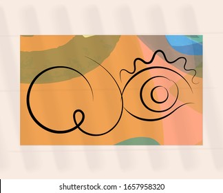 Continuous linear abstract face drawing on abstract background. Contemporary composition. Modern art, print or poster mock up with shadow overlay. Natural color textured with spots and lines.