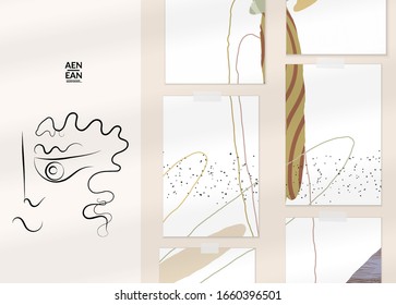 Continuous linear abstract face drawing on abstract background. Contemporary composition. Modern art, print or poster mock up with shadow overlay. Natural color textured with spots and lines.