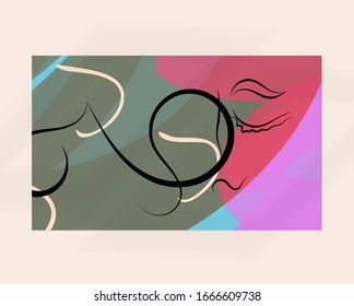 Continuous linear abstract face drawing on abstract background. Contemporary composition. Modern art, print or poster mock up with shadow overlay. Natural color textured with spots and lines.