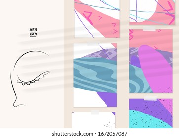 Continuous linear abstract face drawing on abstract background. Contemporary composition. Modern art, print or poster mock up with shadow overlay. Natural color textured with spots and lines.