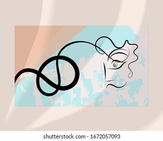 Continuous linear abstract face drawing on abstract background. Contemporary composition. Modern art, print or poster mock up with shadow overlay. Natural color textured with spots and lines.