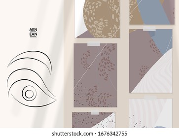 Continuous linear abstract face drawing on abstract background. Contemporary composition. Modern art, print or poster mock up with shadow overlay. Natural color textured with spots and lines.