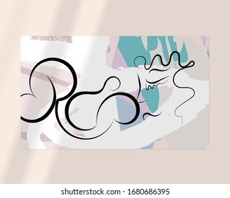 Continuous linear abstract face drawing on abstract background. Contemporary composition. Modern art, print or poster mock up with shadow overlay. Natural color textured with spots and lines.