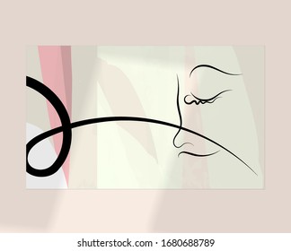 Continuous linear abstract face drawing on abstract background. Contemporary composition. Modern art, print or poster mock up with shadow overlay. Natural color textured with spots and lines.