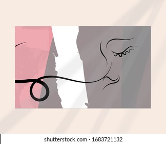 Continuous linear abstract face drawing on abstract background. Contemporary composition. Modern art, print or poster mock up with shadow overlay. Natural color textured with spots and lines.