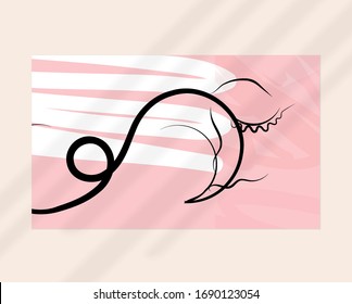Continuous linear abstract face drawing on abstract background. Contemporary composition. Modern art, print or poster mock up with shadow overlay. Natural color textured with spots and lines.