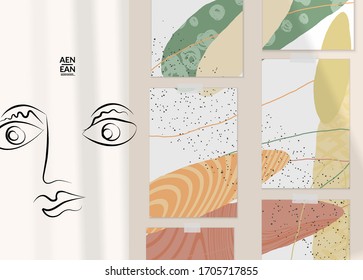 Continuous linear abstract face drawing on abstract background. Contemporary composition. Modern art, print or poster mock up with shadow overlay. Natural color textured with spots and lines.